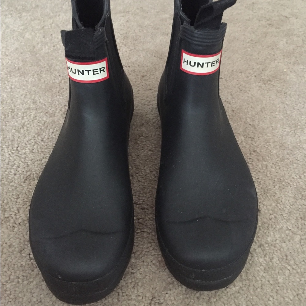 Black hunter short rain boots.